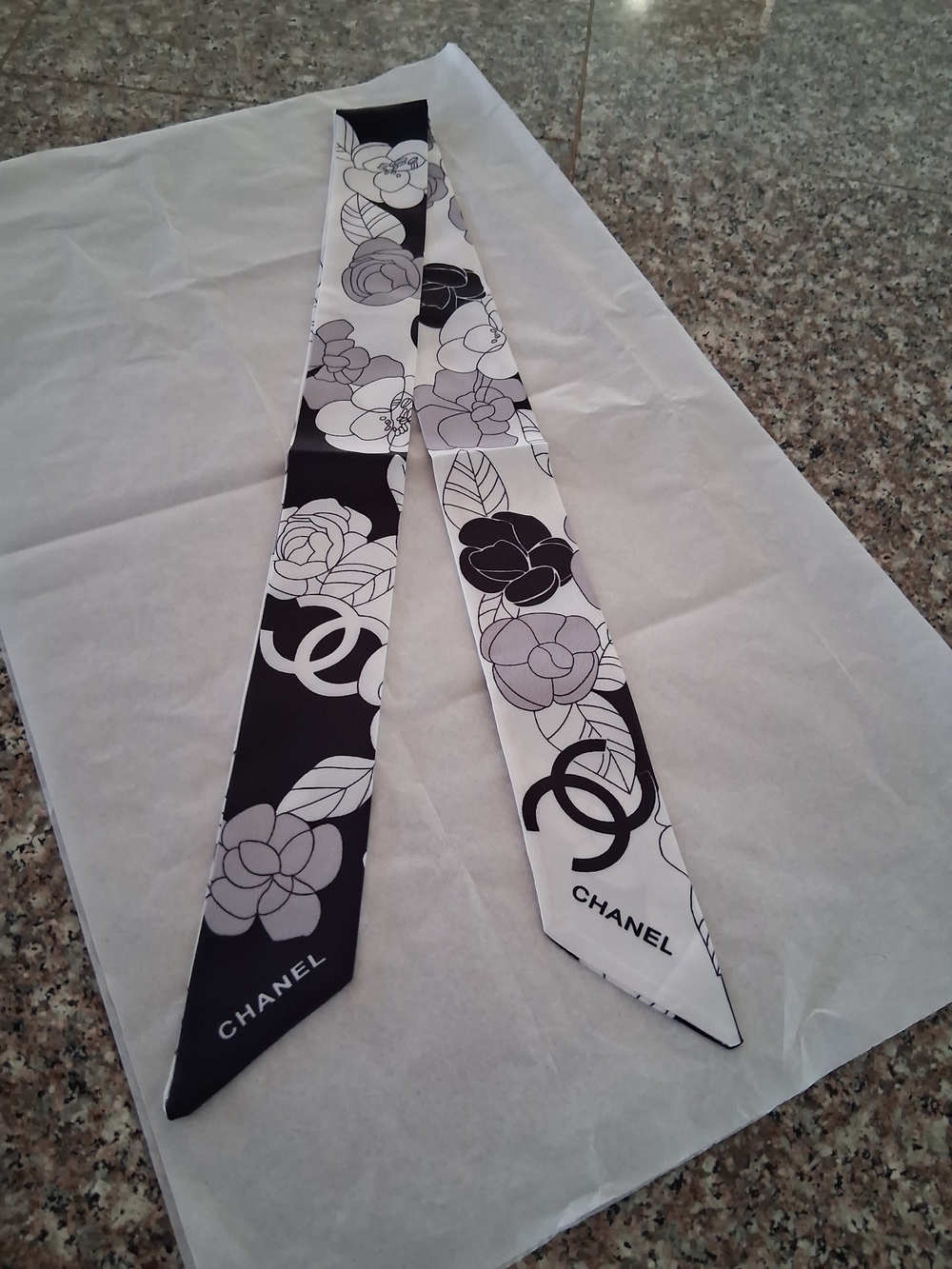 Designer inspired Black and White Camellia Logo Silk Twilly Scarf.New